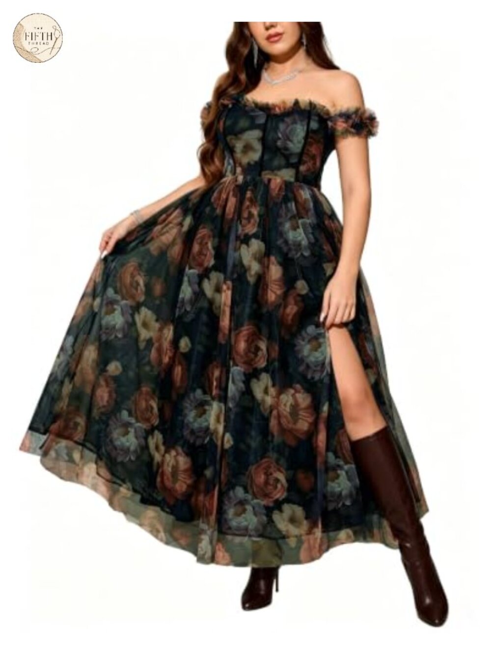 Plus Size Off Shoulder Sweetheart A-Line Midi Dress with Slit
